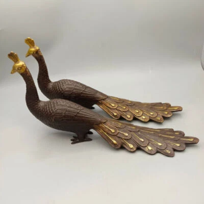 Enfeites antigos: um par de pavões de cobre dourado vermelho - Imagem 1 de 4