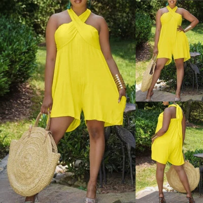 Mameluco halter sin mangas talla grande para mujer Body Playa Vacaciones Mono Foto 1 de 4