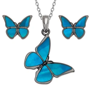 Blue Morpho Butterfly Earrings & Necklace Set w. Mother of Pearl by Tide. Boxed. - Picture 1 of 2