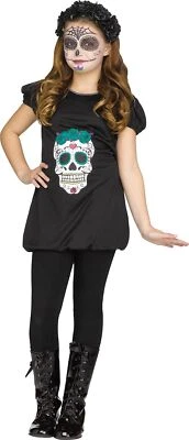 Fun World Cute Day of the Dead Sugar Skull Dress Girl Costume, Black White - Image 1 of 2