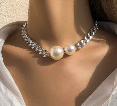 Chunky Cuban Link Choker Silver Color Necklace Womens Fashion Jewelry RAA - Image 1 of 4