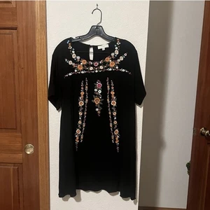Umgee USA Black Colorful Floral Embroidered A-Line Tunic Dress XL 100% Rayon - Picture 1 of 6