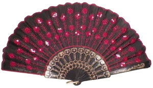 Oriental Hand Fan Black Silk Red Embroidery Sequins Plastic Guards Gold Vintage - Picture 1 of 7