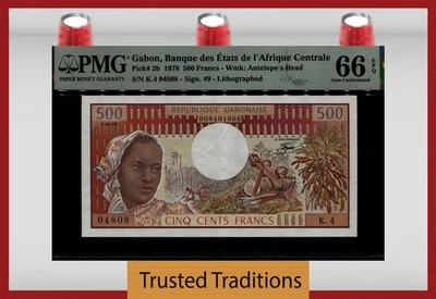 TT PK 2b 1978 GABON 500 FRANCS BOLD COLORS PMG 66 EPQ GEM UNCIRCULATED - Image 1 of 2