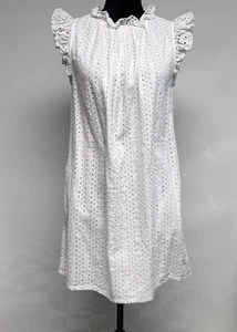 Ann Mashburn Eyelet Lace Mini Dress Small Off White Oversized Preppy Lined Shift - Picture 1 of 13