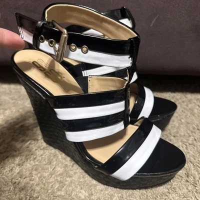 Zapatos de salón Nine & Co blancos y negros con cuña punta abierta 7 M NUEVO Foto 1 de 4