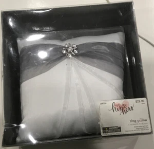 Studio His & Hers Wedding Ring Pillow White W/ Gray Sheer Accent & Rhinestones - Picture 1 of 2