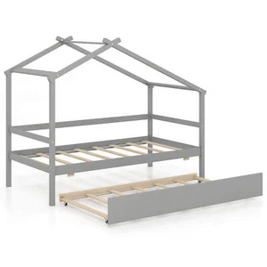 Twin House Bed w/ Trundle w/ Roof and Fence Rails Wooden Platform Bed Frame - Picture 1 of 9