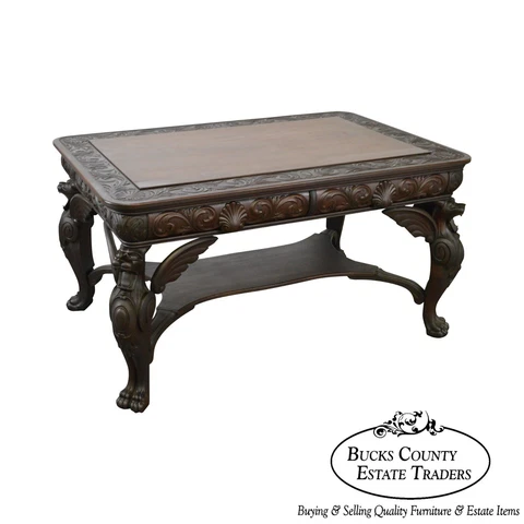 Horner Antique Carved Standing Winged Griffin Library Table Desk Cover