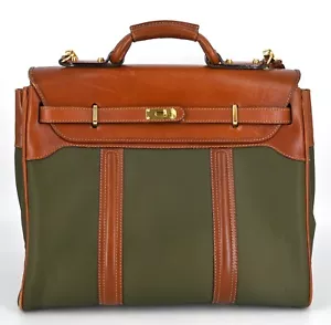 Asprey | Tan Leather & Green Nylon Canvas Weekender Travel Bag - Picture 1 of 24
