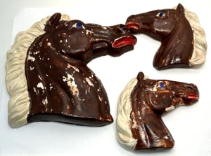 3 Vintage Chalkware Horses Wall Hangers Need Repaint Art Project Horse Heads Set - Picture 1 of 13