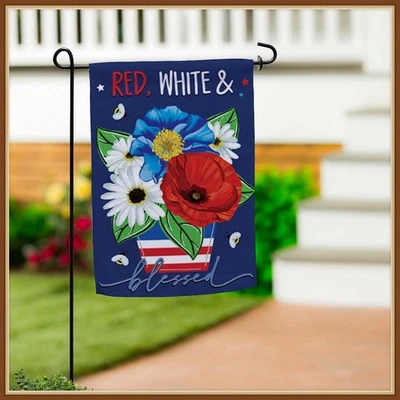 BANDERA DE JARDÍN EVERGREEN * ROJO, BLANCO Y AZUL BENDECIDO * LINO GAMUZA - NUEVO Foto 1 de 3