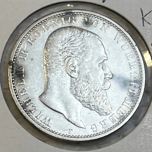 German State Of Wurttemburg 1907 -F Silver 5 Mark AU Condition Coin 436,321 Mtd - Picture 1 of 16