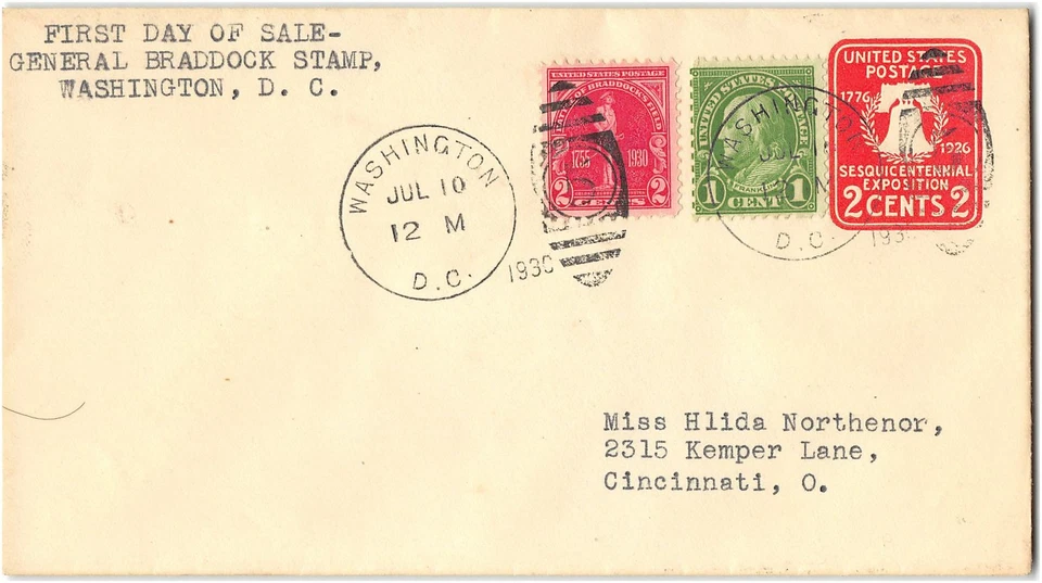 US #U522 FDC, 1930, with 2c General Braddock stamp, typed address - Image 1 of 1