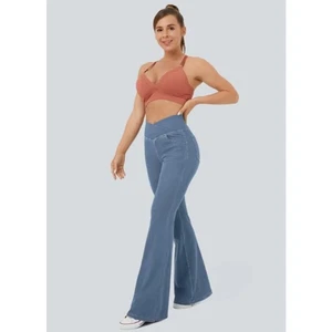 Halara Flex High Waisted Crossover Washed Stretch Super Flare Jeans Petite M - Picture 1 of 13