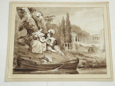 dlg Henri BARON 1816-1885 DESSIN GALANT ROMANTISME NEO RENAISSANCE GUITARE 1850 - Photo 1/4