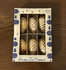 RARE VTG Box Shiny Brite Gold Mica Pinecone Christmas Ornaments CIOB Japan VHTF - Picture 1 of 21