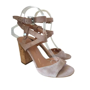 SIGERSON MORRISON Paulina Block Cork Heel Sandals Taupe Suede Ankle Strap Sz 6.5 - Picture 1 of 11