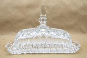 Lead-Cut Crystal Glass Lidded Butter Dish with Etched Roses - Tray & Handle - Picture 1 of 5