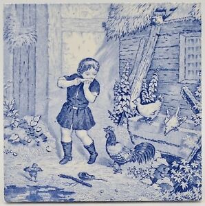 RARE ANTIQUE VICTORIAN BLUE AND WHITE TRANSFER PRINTED TILE C1880 AE4