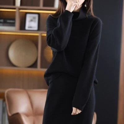 Women High-Neck Cashmere Sweater Knit Long Skirt Two-Piece Suit Thick Dress - Image 1 of 4
