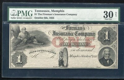 1855 $1 THE FIREMAN’S INSURANCE COMPANY MEMPHIS, TN OBSOLETE NOTE PMG VF-30 - Image 1 of 2