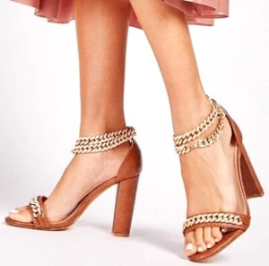 Womens Tan Block Heel Strappy Sandals Summer Beach Party Wedding Shoes UK 7 - Picture 1 of 5