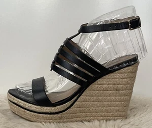 Diane Von Furstenberg Black Wedge Espadrille Leather Sandals Women’s Size 7m - Picture 1 of 9
