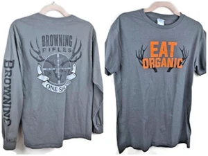 LOT Men’s long sleeve BROWNING TEE & EAT ORGANIC Short Sleeve both size M cotton - Picture 1 of 20
