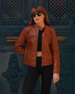 Echt Lederjacke hellbraun glänzend für Damen echt Biker Moto Slim Fit Jacke - Bild 1 von 7