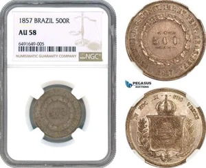 AH523, Brazil, Pedro II, 500 Reis 1857, Silver, NGC AU58 - Picture 1 of 1