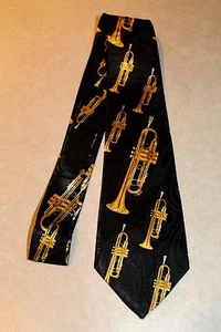 Lots Of Brassy Trumpet's On A Brand New Black Polyester Neck Tie! Free Shipping - Picture 1 of 2