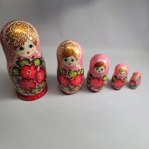 Nesting Dolls 5 Piece Red Floral Wood Girl - Picture 1 of 13