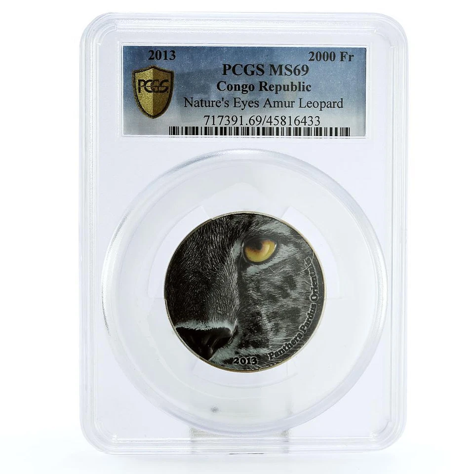 Congo 2000 francs Endangered Wildlife Leopard Cat Fauna MS69 PCGS Ag coin 2013 - Image 1 of 2
