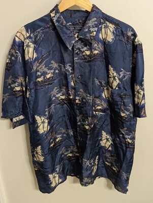 Andrew Fezza New York Men's Silk Blue Hawaiian Short Sleeve Button Shirt XL  - Image 1 of 4