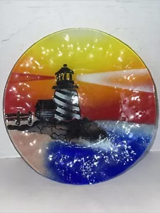 Sydenstricker Glass Plate Lighthouse Sunset Light Beacon Seascape Signed 8” - Picture 1 of 11