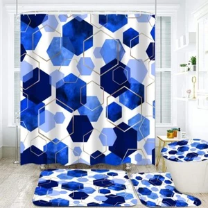Blue Bathroom Curtain Set 4Pcs Modern Art Geometric Shower Curtain with 12 Ho... - Picture 1 of 6
