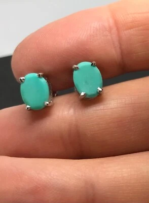 turquoise oval stud earrings solid Sterling Silver. 8 x 6mm Natural stones, Box. - Image 1 of 4