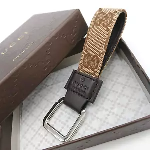 GUCCI Key Ring Keychain GG Canvas Brown Leather with Box - Picture 1 of 15