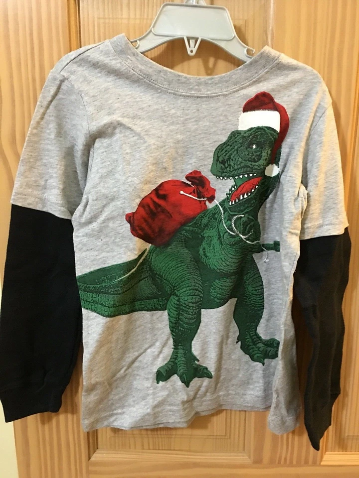New Carter's Dinosaur Santa Boys Long Sleeve Shirt Top Gray Green 10,12,14 - Image 1 of 1