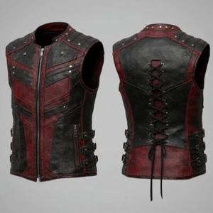 Gothic Leather Vest Black Red Steampunk Vampire Waistcoat Punk Biker Halloween - Picture 1 of 4