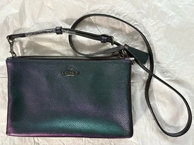 COACH LYLA OIL SLICK IRIDESCENT HOLOGRAM DOUBLE ZIP XBODY PURSE DK GREEN/PURPLE - Image 1 of 4