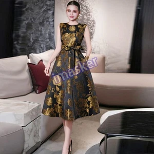 Runway Royal Court Style Women's Jacquard Floral Sleeveless Mid Long Swing Dress - Picture 1 of 10