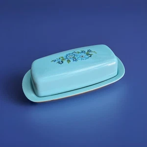 MCM TAYLOR SMITH TAYLOR AZURA blau braun Blumenmuster 1/4 Pfund Butterdose Vintage - Bild 1 von 13