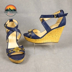 Marc Fisher Brantor-R Strappy Wedge Sandals Navy Ankle Strap Women's Size 6M - Picture 1 of 13