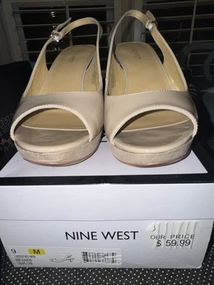 Nine West Womens 9M Nude Patent Leather Sling-Back, Peep-Toe 4" Stiletto Pumps - Image 1 of 3