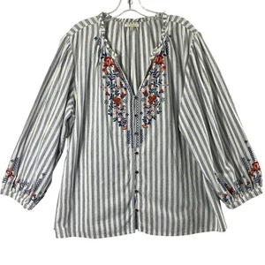 Kate & Sam Womens XXL Embroidered Blouse Boho Striped Casual Button Down Top - Picture 1 of 12