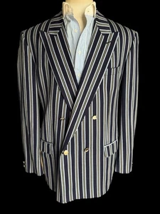 VTG Mens James Barry Double Breasted Boating Blazer 44L Wool Cotton Striped - Picture 1 of 13