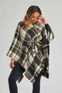 Nuevo Chal Poncho Suave A Cuadros con Cinturón Azul Gris, Negro Marrón 155 X1 25 cm - Imagen 1 de 6