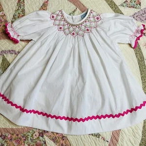 Remember Nguyen Girls 4T White Smocked Top Shirt Pink Green Embroidered  - Picture 1 of 9